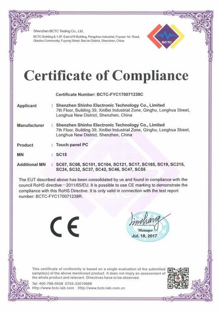 China Shenzhen Shinho Electronic Technology Co., Limited Certificações